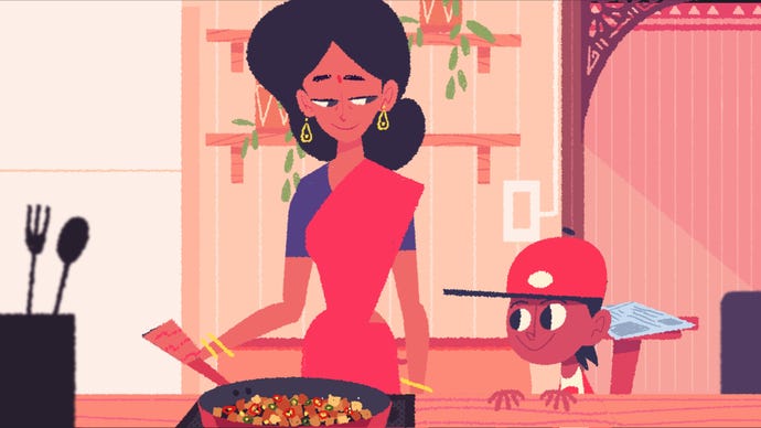A scene in Venba, a 2D cooking game, showing mother and son in the kitchen together