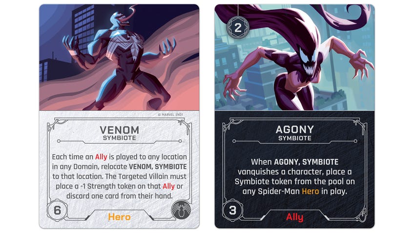 Venom and Agony cards for Marvel Villainous expansion We Are Venom.