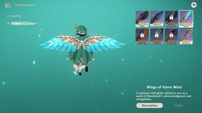 Venti equipped with the Wings of Azure Wind in Genshin Impact.