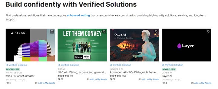 Screen capture of Unity's AI hub with four programs listed, including Atlas 3D Asset Creator. The text above the programs reads:
Build confidently with Verified Solutions
Find professional solutions that have undergone enhanced vetting from creators who are committed to providing high-quality solutions, service, and long term support.