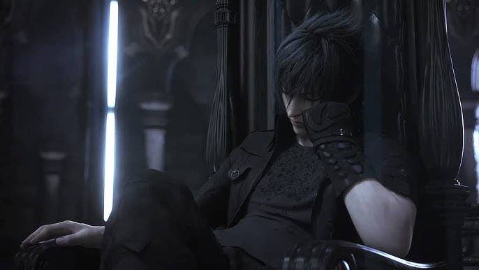 The moody prince Noctis is sleepy on a throne in Final Fantasy Versus 13.