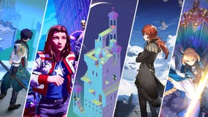 A collage of characters and locations from some of our favourite mobile games. L-R: Dan Heng from Honkai: Star Rail; America Chavez and Groot from Marvel Snap; a domed tower level from Monument Valley 2; Diluc from Genshin Impact; and Darius III and Artoria Pendragon from Fate/Grand Order.