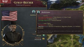 A WIP screenshot of Victoria 3 showing the stats for an abolitionist politician named Lyman Beecher.