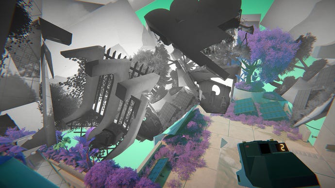A hodgepodge of cut-and-paste architecture and platforming fills the screen in the viewfinder