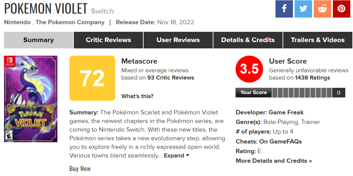 How is Pokémon Legends Arceus doing on Metacritic?