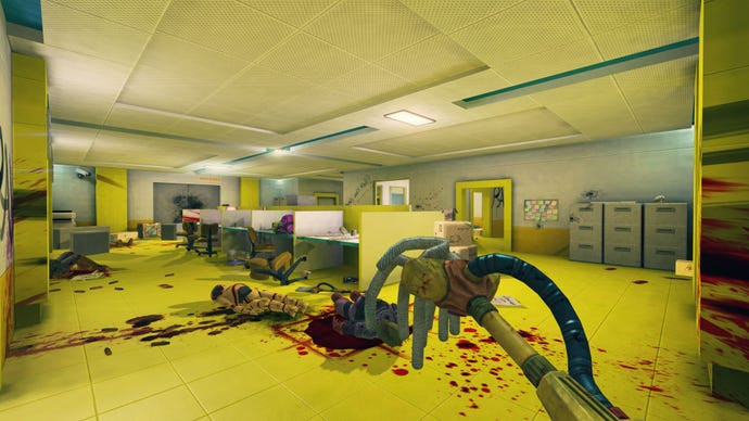 A player holds out a mop in a yellow room full of cartoonish dead bodies in Viscera Cleanup Detail
