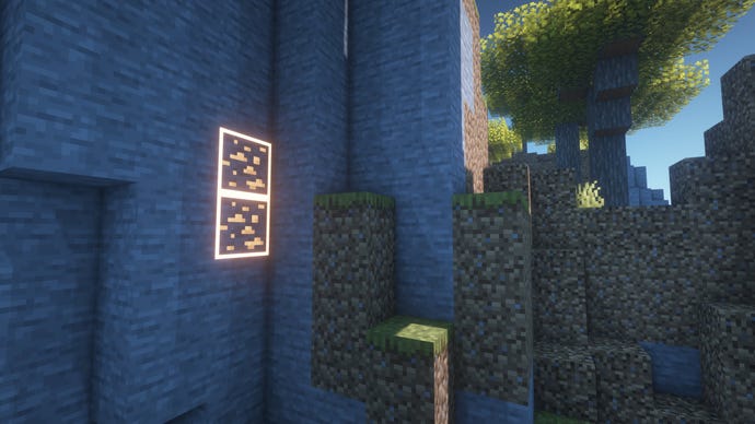 A Minecraft screenshot of a landscape displayed using the Visible Ores Texture Pack.