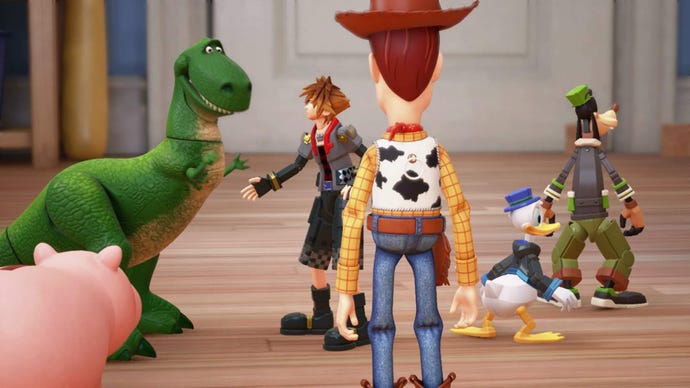 Woody, donald, goofy, rex and the gang stand about in Kingdom Hearts 3.