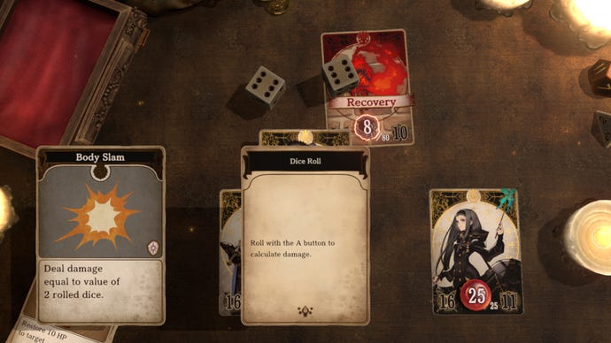 A pair of dice have been rolled to determine attack power in Voice Of Cards: The Isle Of Dragon Roars