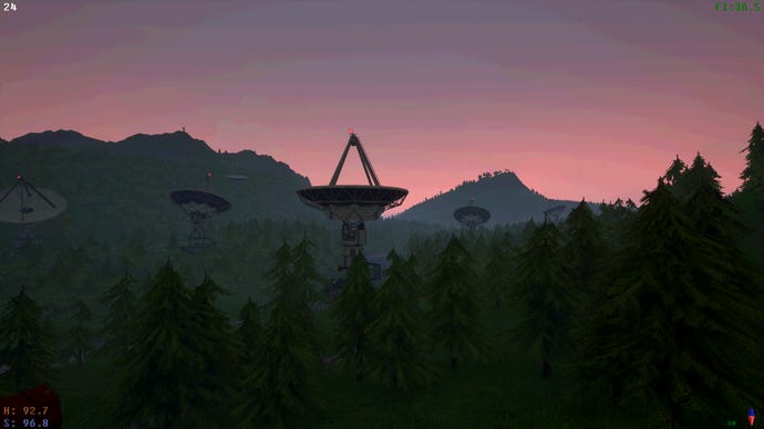 Dishes rise above trees in a valley at night in a Voices of the Void screenshot.