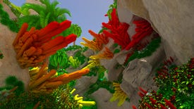 A screenshot of a voxel engine showing red, crystal shapes jutting out of rock.