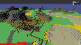 A screenshot of Voxel Factory, a prototype by Introversion Software based on Factorio, depicting a blocky 3D landscape with flat colours upon which streak conveyor belts and laser fences.
