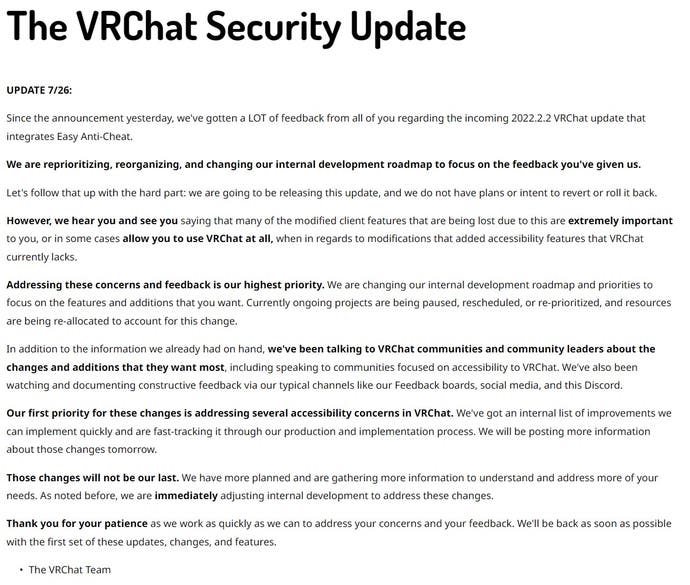 The update to VRChat's blog post announcing the Easy Anti-Cheat update.