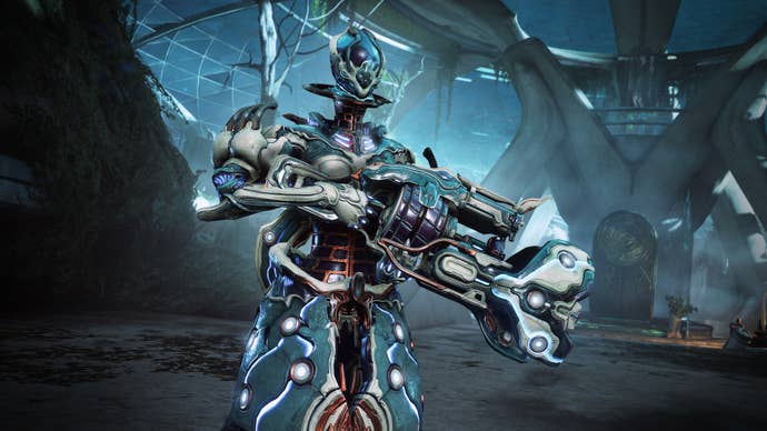 A shot of the new Warframe - Gyre - holding their new rifle towards the camera.