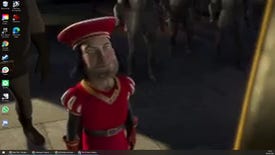 A screenshot showing Shrek 1 playing as a desktop wallpaper via Wallpaper Engine. Lord Farquaad is on screen.