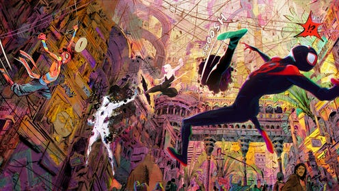 Digitally produced production image featuring multiple Spider-People fighting Spot (not a still from film)