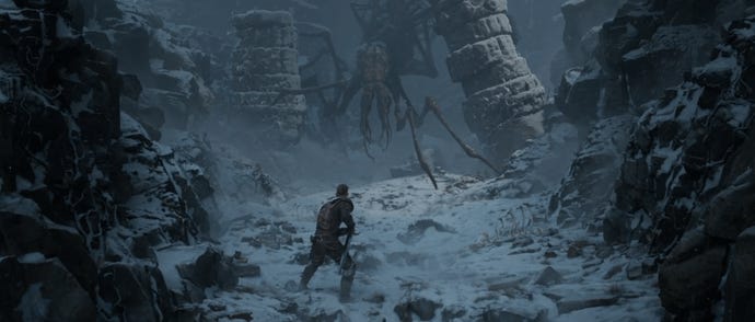 Ein Schwertkämpfer stellt sich einem riesigen, vielgliedrigen Monster im Schnee
