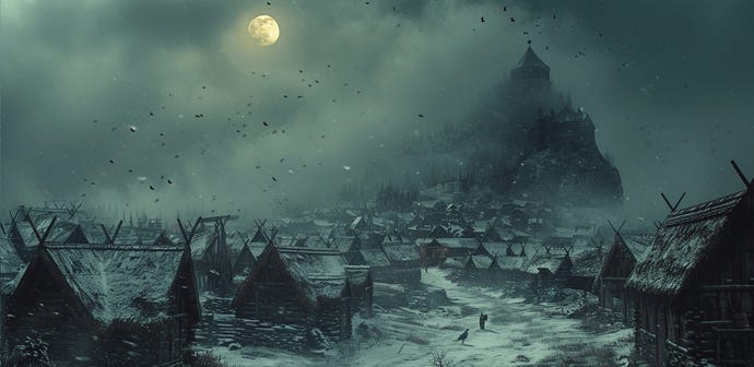 Eine mittelalterliche skandinavische Siedlung unter einem nebligen Mond