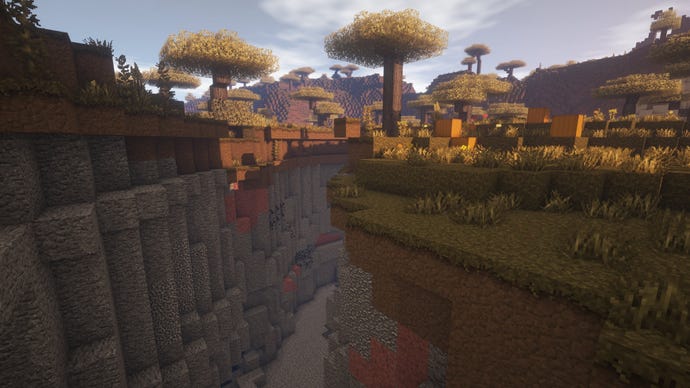 A Minecraft screenshot of a landscape displayed using the Wanderlust Texture Pack.