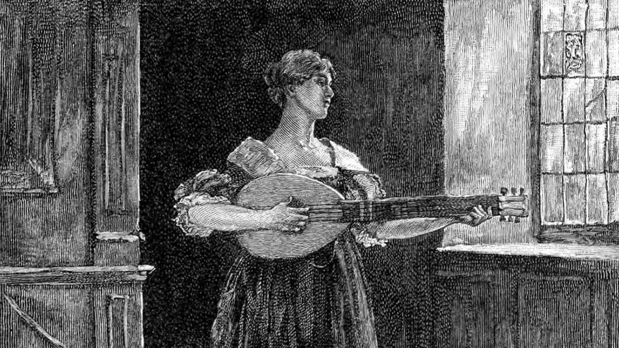 A woman stands playing the lute in a sparsely furnished room. This picture is an illustration for the poem “To Music, to Becalm His Fever.”