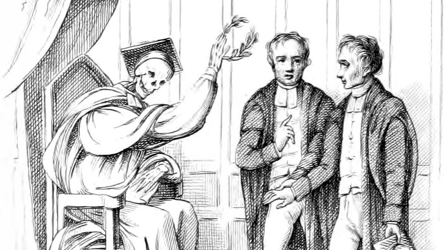 A robed skeleton bestows laurels upon academics in an illustration from 'Death's Doings'.