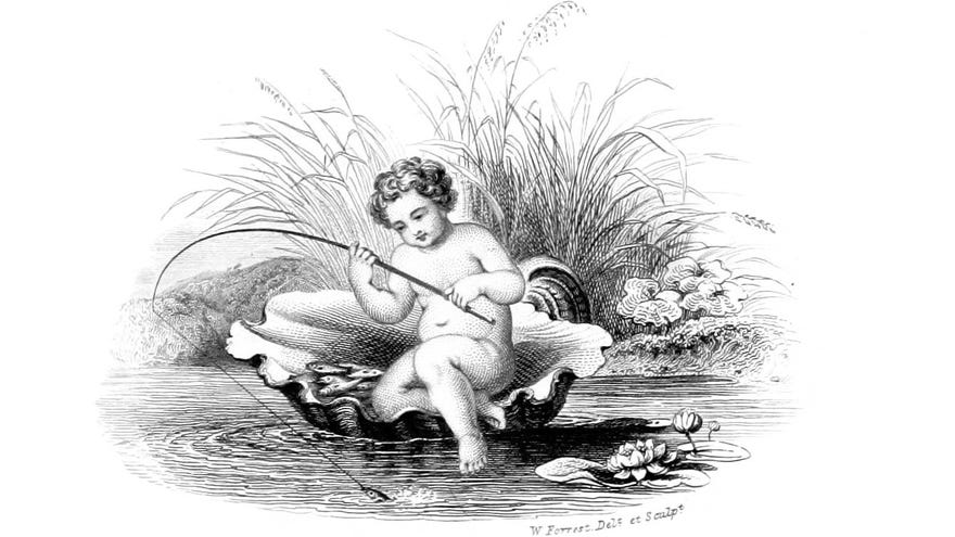 A cherub sat in a clamshell catching fish in an illustration from 'Songs of the Edinburgh Angling Club'.