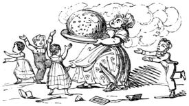 Children surround a woman carrying a giant steaming plum pudding in an illustration from 'Recollections of Old Christmas: a masque. Performed at Grimston'.