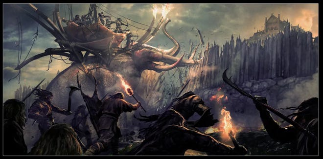 Concept art featuring a battle with on a grey day