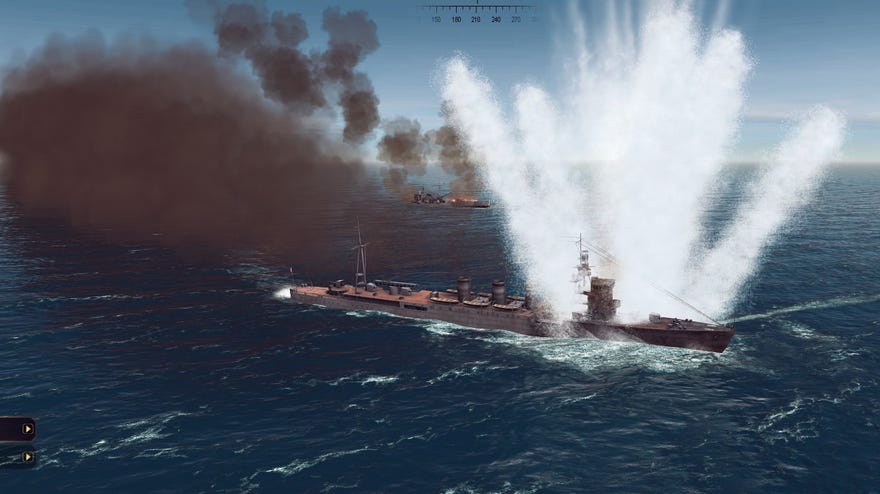 A warship is hit by a torpedo under the waterline, sending up an explosion of spray