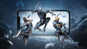 Three Warframes jumping out of an iPhone.