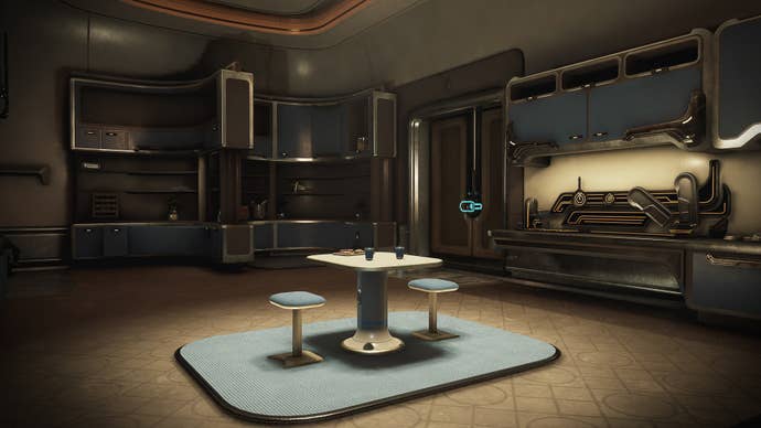A shot of a dormozone, with a tiny dinner table as well as shelving. Your home away from home!