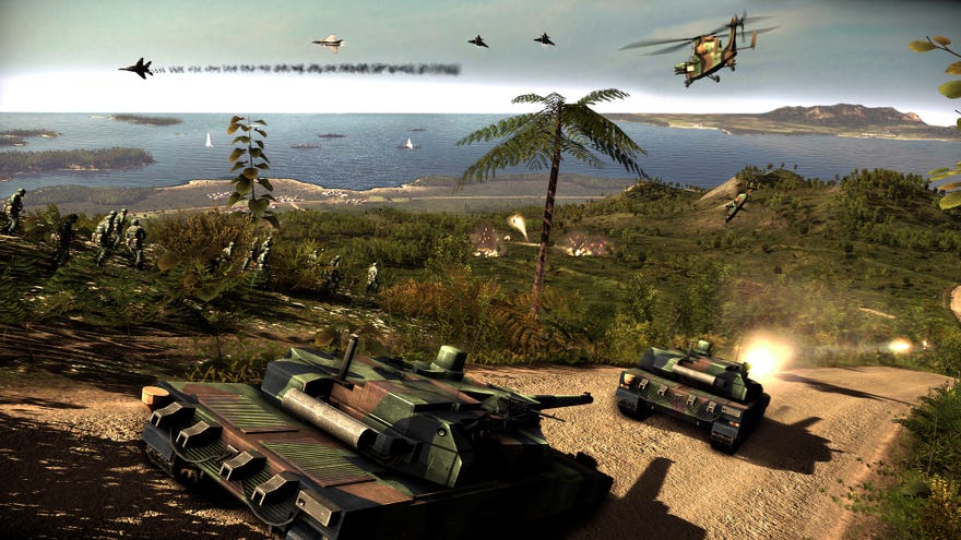 A screenshot of Wargame: Red Dragon showing soldiers and tanks on an island while jets and helicopters whizz overhead.