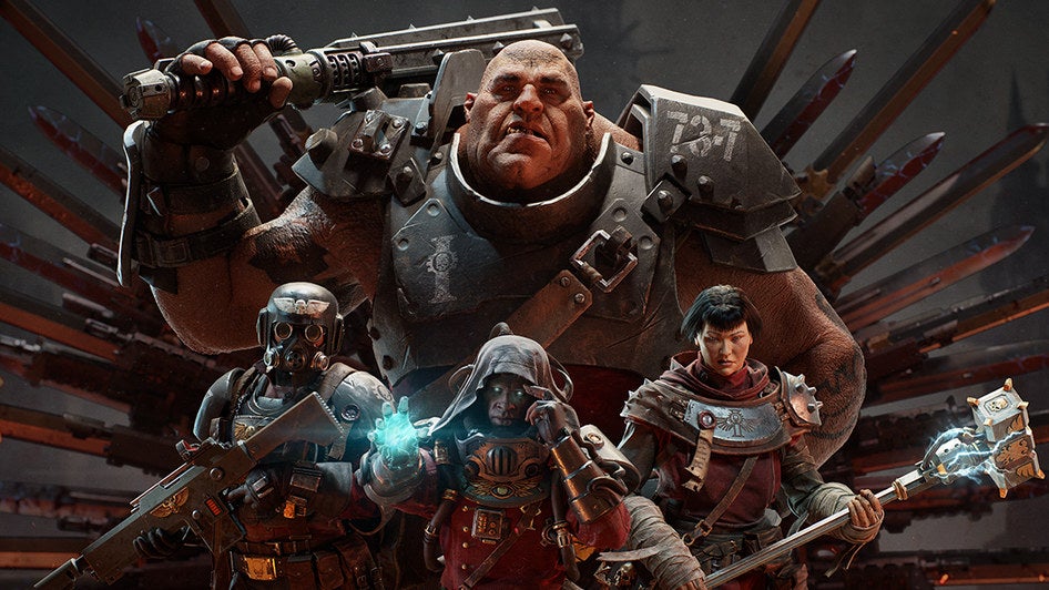 Warriors of the Emperor pose in Warhammer 40,000: Darktide's key art.
