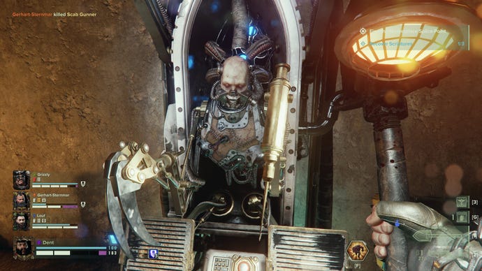 A weird cyborg healing station in a Warhammer 40,000: Darktide screenshot.