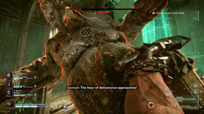 Cutting into a Plague Ogryn miniboss in a Warhammer 40,000: Darktide screenshot.