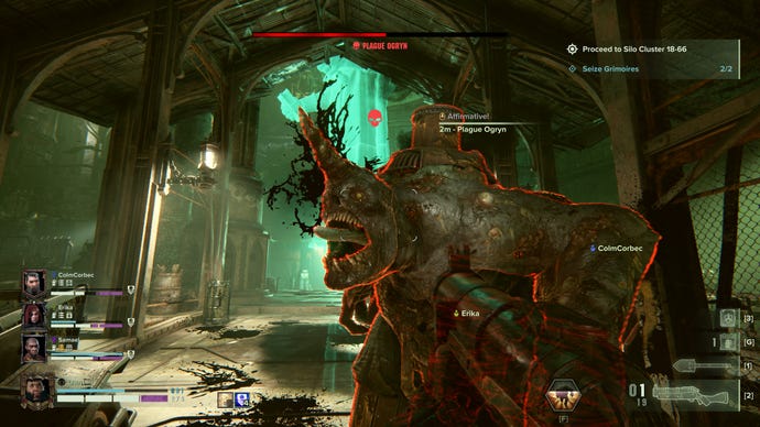 Fighting a giant Plague Ogryn in a Warhammer 40,000: Darktide screenshot.