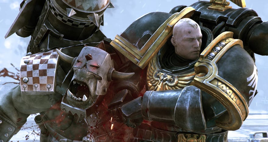 A Space Marine attacks an ork in Warhammer 40,000: Regicide.