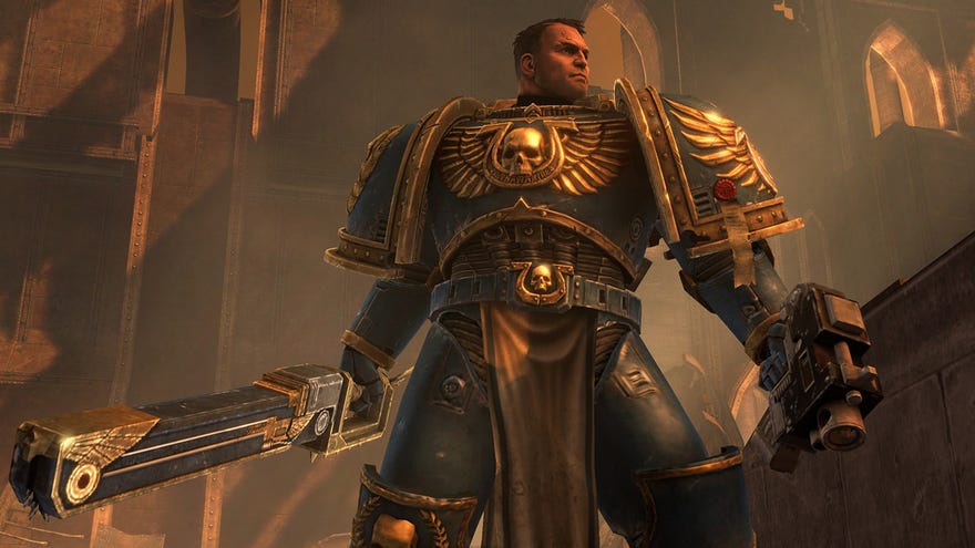 Our spoice marine poses in a Warhammer 40,000: Space Marine screenshot.