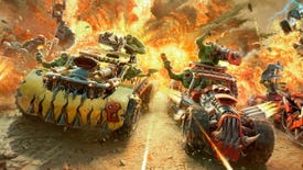 Artwork of two cars full of orcs with explosions happening behind them in Warhammer 40K: Speed Freeks