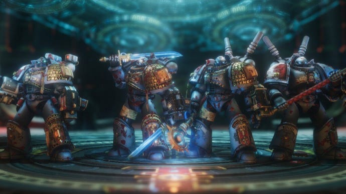 Four Grey Knights stand on a teleport pad in Warhammer 40K: Chaos Gate - Daemonhunters