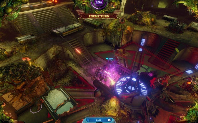 A team of Grey Knights form a human shield in an overgrown plague chamber in Warhammer 40K: Chaos Gate - Daemonhunters