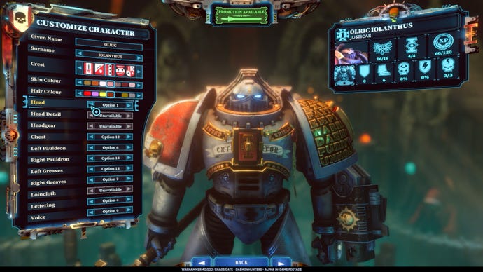 The space marine character customisation screen in Warhammer 40K: Chaos Gate - Daemonhunters