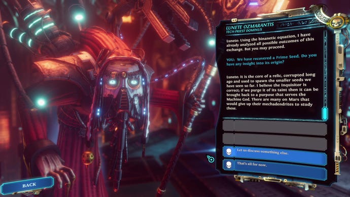 A tech priest talks to the player in Warhammer 40K: Chaos Gate - Daemonhunters