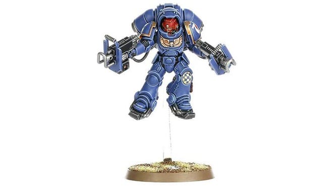 A model of Warhammer 40k Space Marine Primaris Interceptors