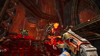 Warhammer 40,000: Boltgun screen showing Doom-style sprite-based enemies and first-person shooter hands in a more modern-looking complex 3D environment