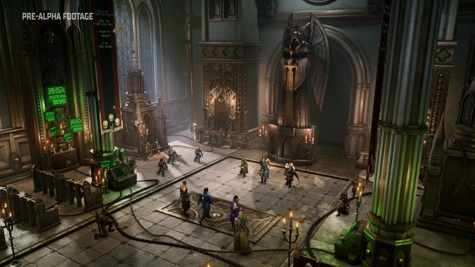 A military base in a church, half built around the pews and altar, in Warhammer 40k: Rogue Traders