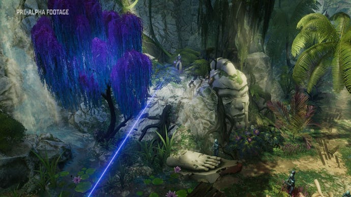 A Warhammer 40k: Rogue Traders screenshot showing a sniper positioned on a cliff next to the face and foot of a giant but now-collapsed statue