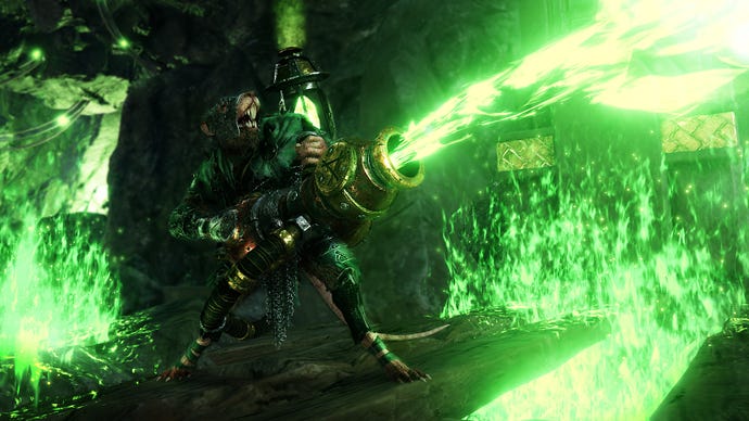 A ratman blasting green beams in a Warhammer: Vermintide 2 screenshot.