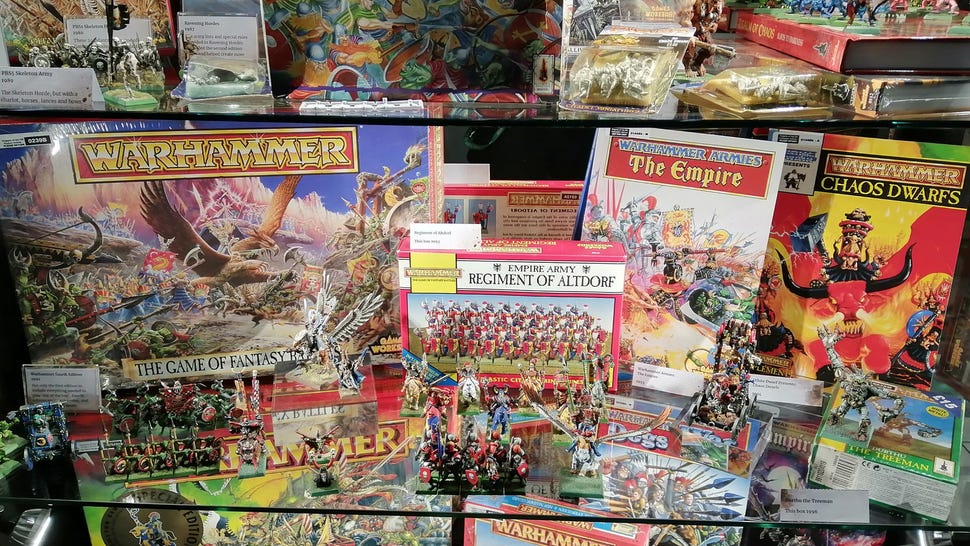 display of old retro warhammer products from the 80's