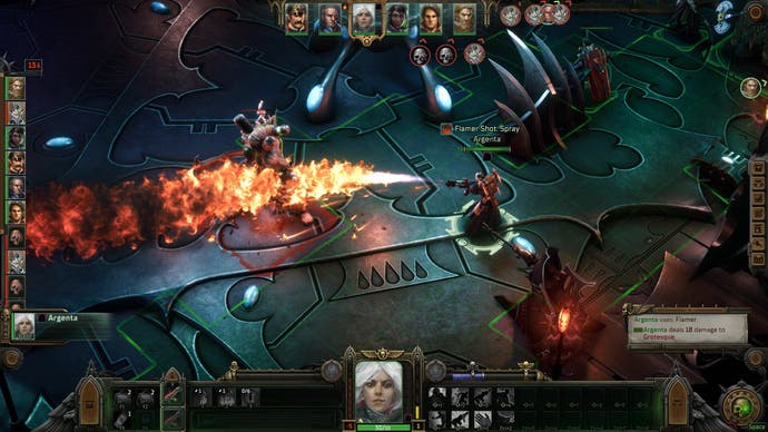 A screenshot from Warhammer 40,000 Rogue Trader, showing an isometric, tactical RPG view of a Space Marine flame-throwering an enemy.
